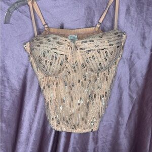 Light Orange Sequin Embellished Camisole Crop Top